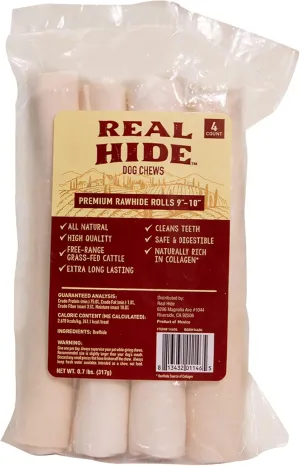 | All Natural Dog Chew Treats - Premium Rawhide Rolls, 9-10 Inch - Long Lasting Grass Fed Free Range Beef Hide - Medium/Large Dogs - 4 Count