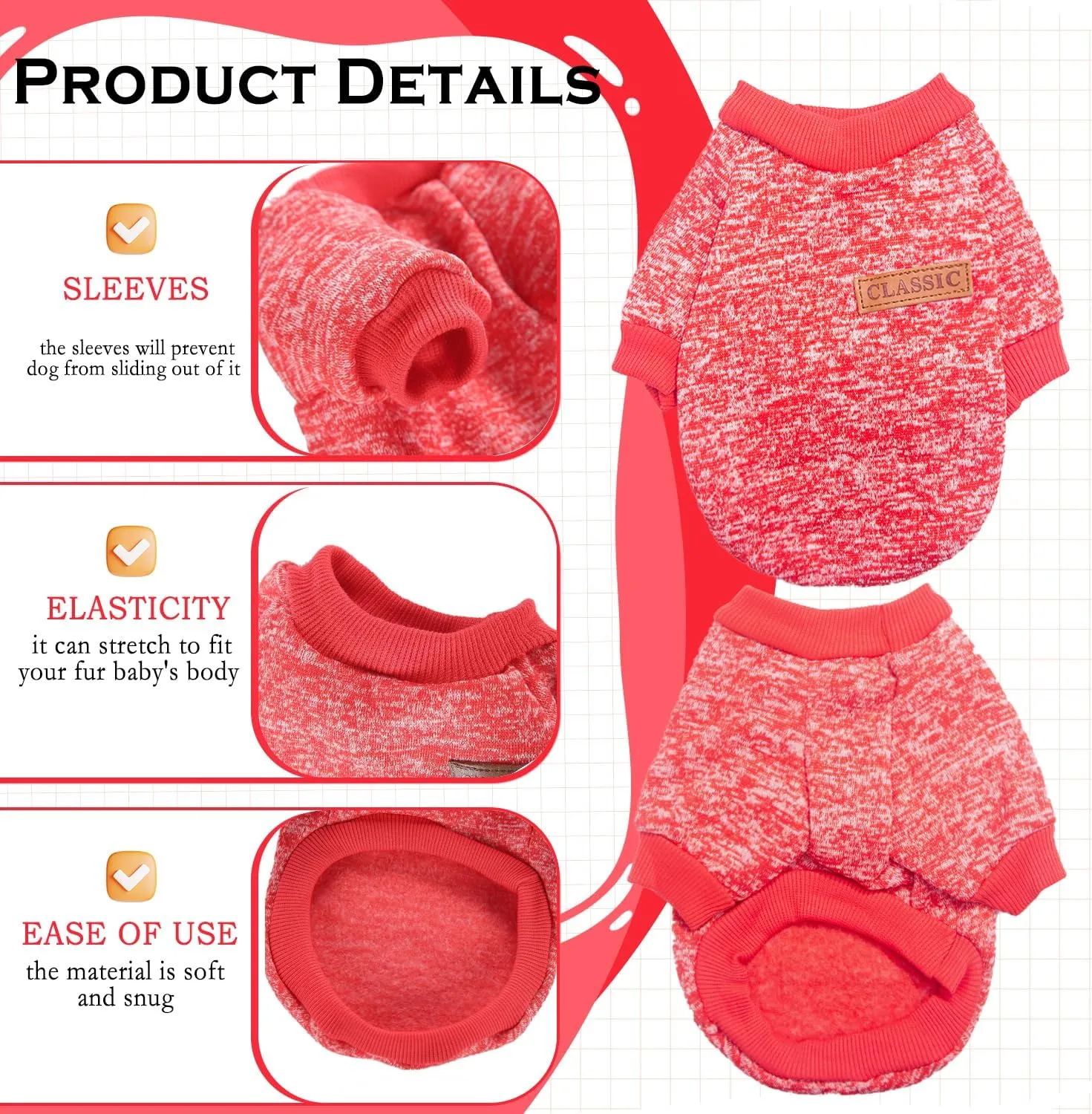 2 Pieces Dog Sweaters for Small Dogs Fall Dog Clothes Female Winter Fleece Puppy Clothes Warm Thick Pet Outfit Coat Yorkie, Chihuahua, Pug, Cat, Pug,S,Pink, Red