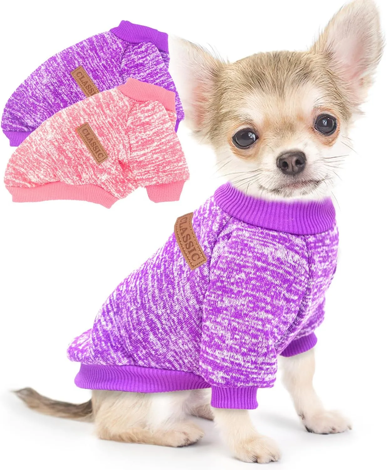 2 Pieces Dog Sweaters for Small Dogs Winter Fleece Puppy Sweaters Warm Cute Dog Clothes Outfit for Chihuahua Yorkie Dog Classic Knitwear Sweater Pet Costume (Small)