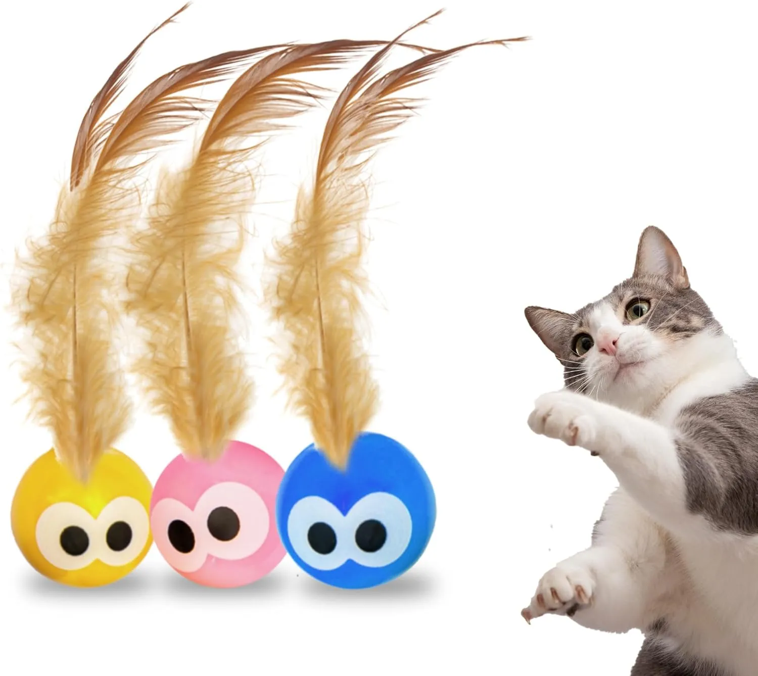 3 Pack Interactive Bouncy Ball with Natural Feathers for Indoor Cats and Kittens who Love to Play and Have Fun.