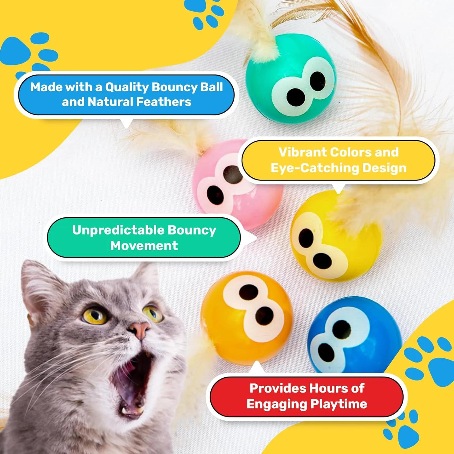3 Pack Interactive Bouncy Ball with Natural Feathers for Indoor Cats and Kittens who Love to Play and Have Fun.