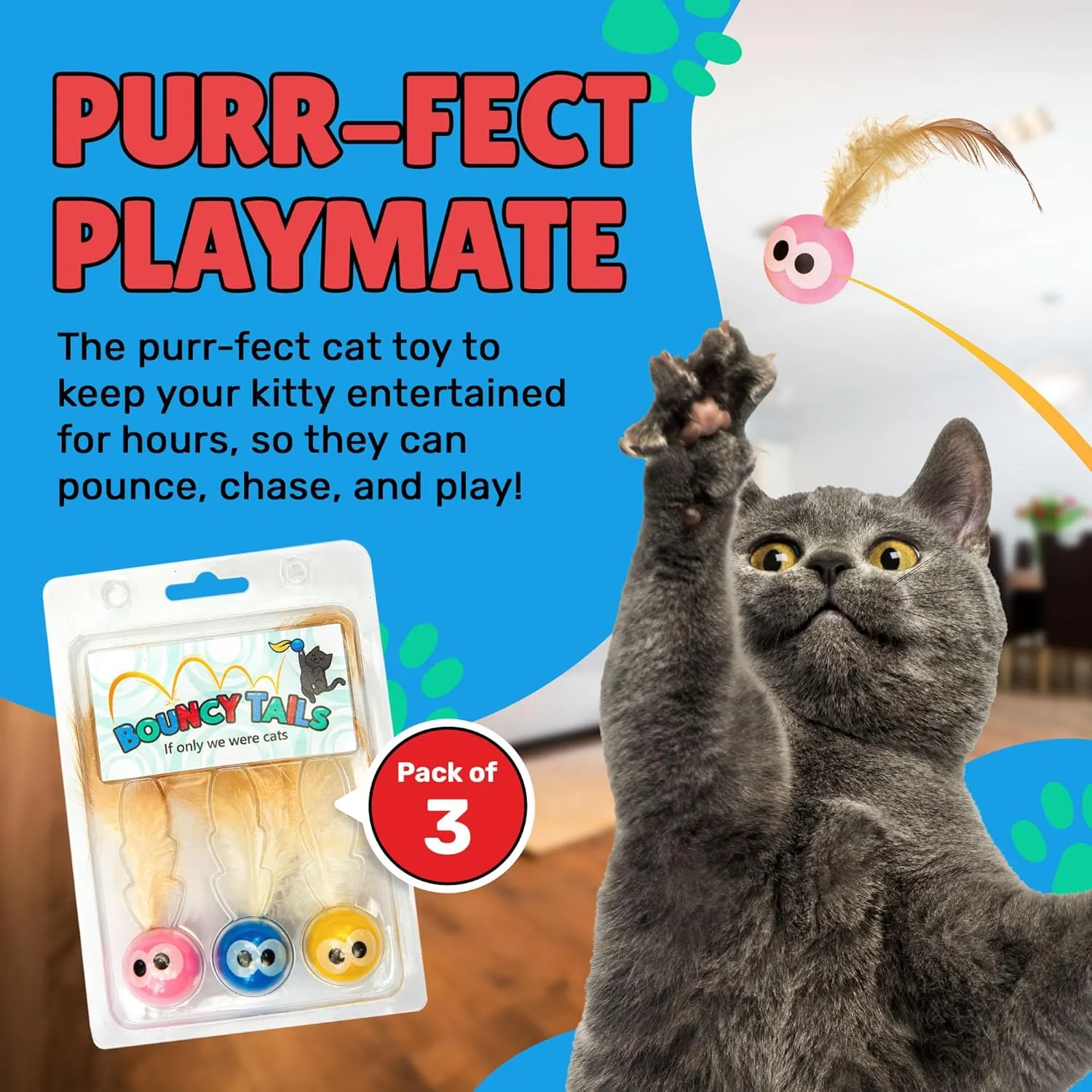 3 Pack Interactive Bouncy Ball with Natural Feathers for Indoor Cats and Kittens who Love to Play and Have Fun.