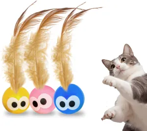 3 Pack Interactive Bouncy Ball with Natural Feathers for Indoor Cats and Kittens who Love to Play and Have Fun.