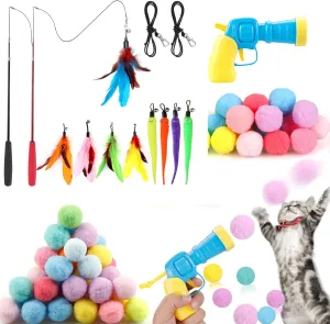 44PCS Value Pack 13PCS Interactive Cat Feather Toys Wand and 31PCS Cat Ball Toy Launcher Gun Package, Double Fun for Cats Playing