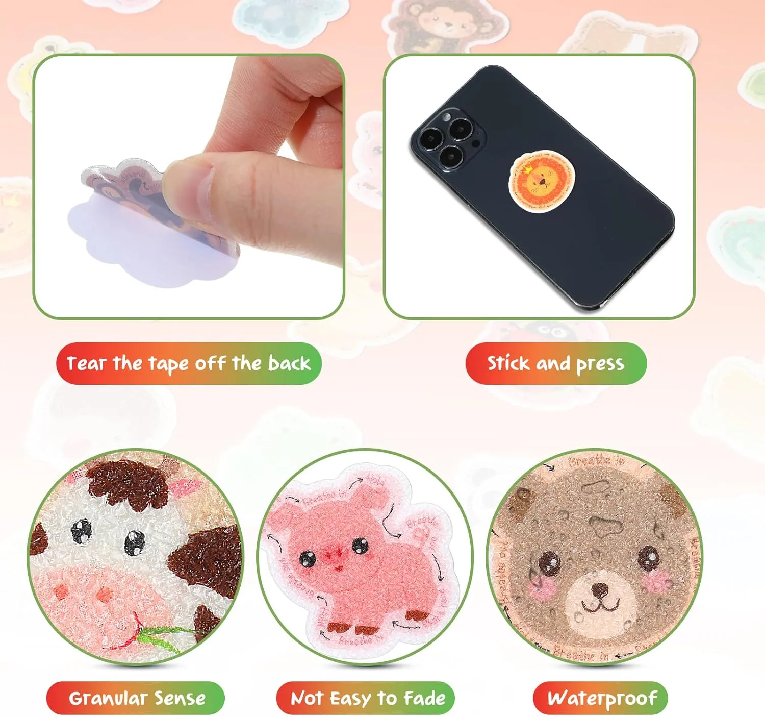 50 Pcs Anxiety Sensory Stickers Calm Stickers Reusable Sensory Strips Adhesive Textured Strips Toys Stress Anxiety Relief Items for Adult Teen Classroom Desk Office Fidget Supplies (Animals)