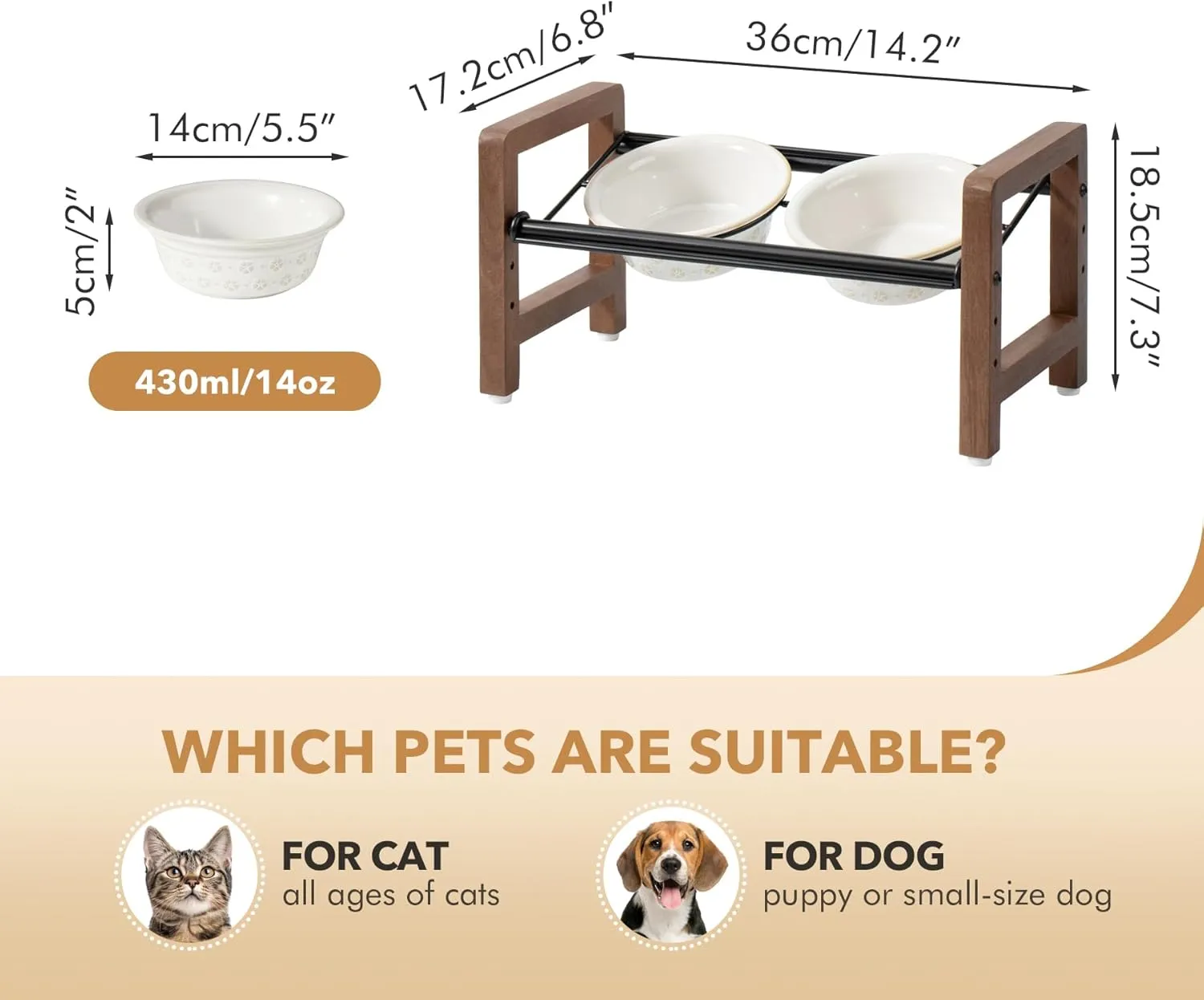 5.5inch Ceramic Adjustable Raised Double Bowls Set with Stand, 3 Heights Elevated, 2 Placement Options,Food and Water Dishes for Puppy, CatsDouble Bowls Stand, Reactived Glaze -White