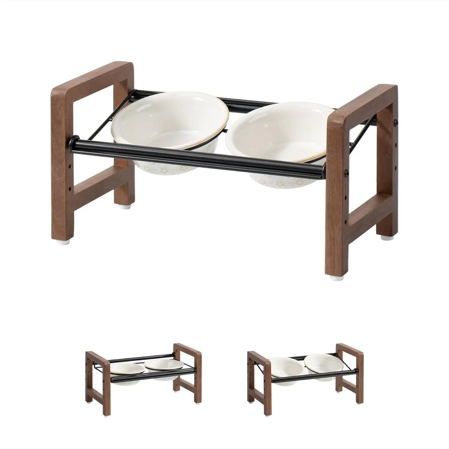 5.5inch Ceramic Adjustable Raised Double Bowls Set with Stand, 3 Heights Elevated, 2 Placement Options,Food and Water Dishes for Puppy, CatsDouble Bowls Stand, Reactived Glaze -White
