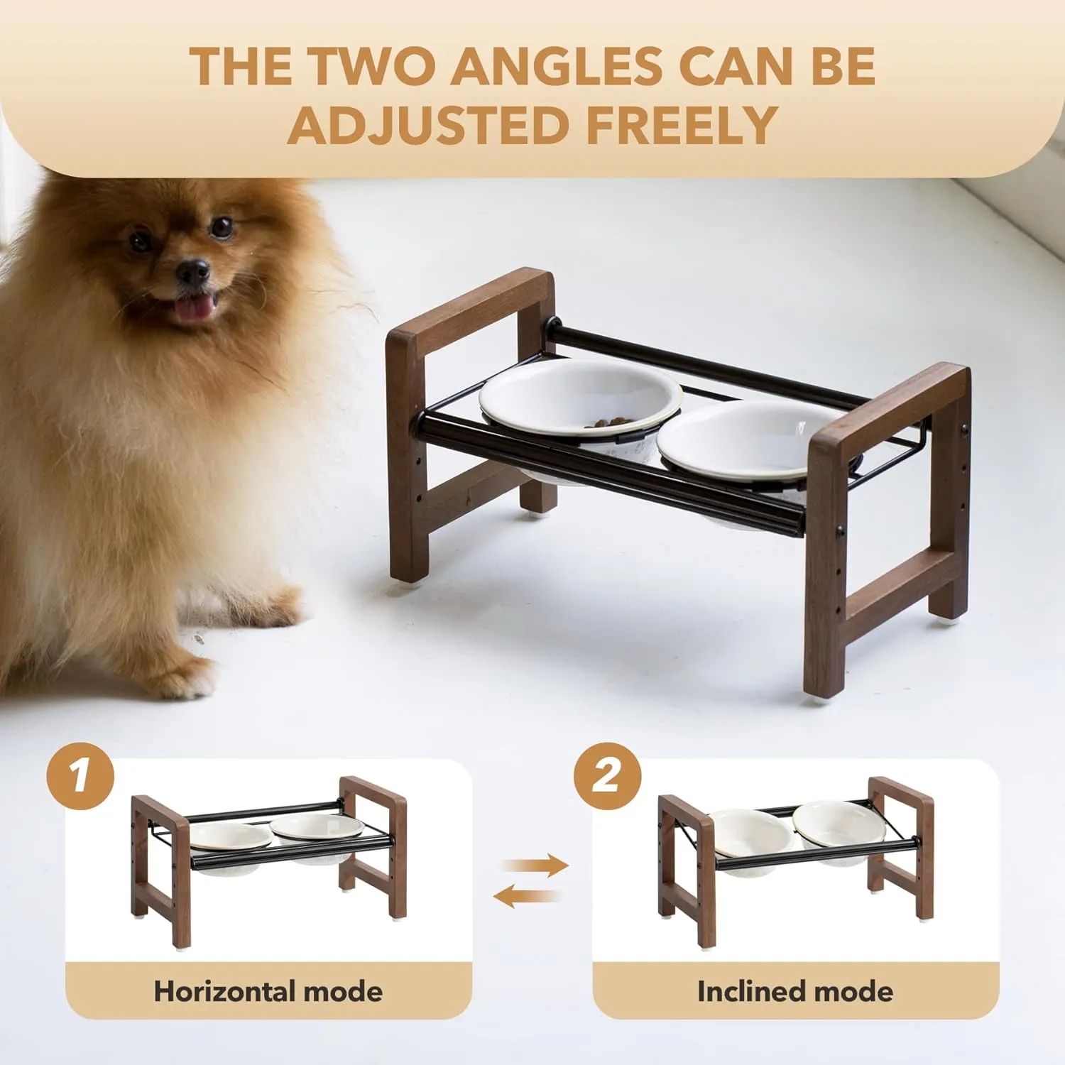 5.5inch Ceramic Adjustable Raised Double Bowls Set with Stand, 3 Heights Elevated, 2 Placement Options,Food and Water Dishes for Puppy, CatsDouble Bowls Stand, Reactived Glaze -White