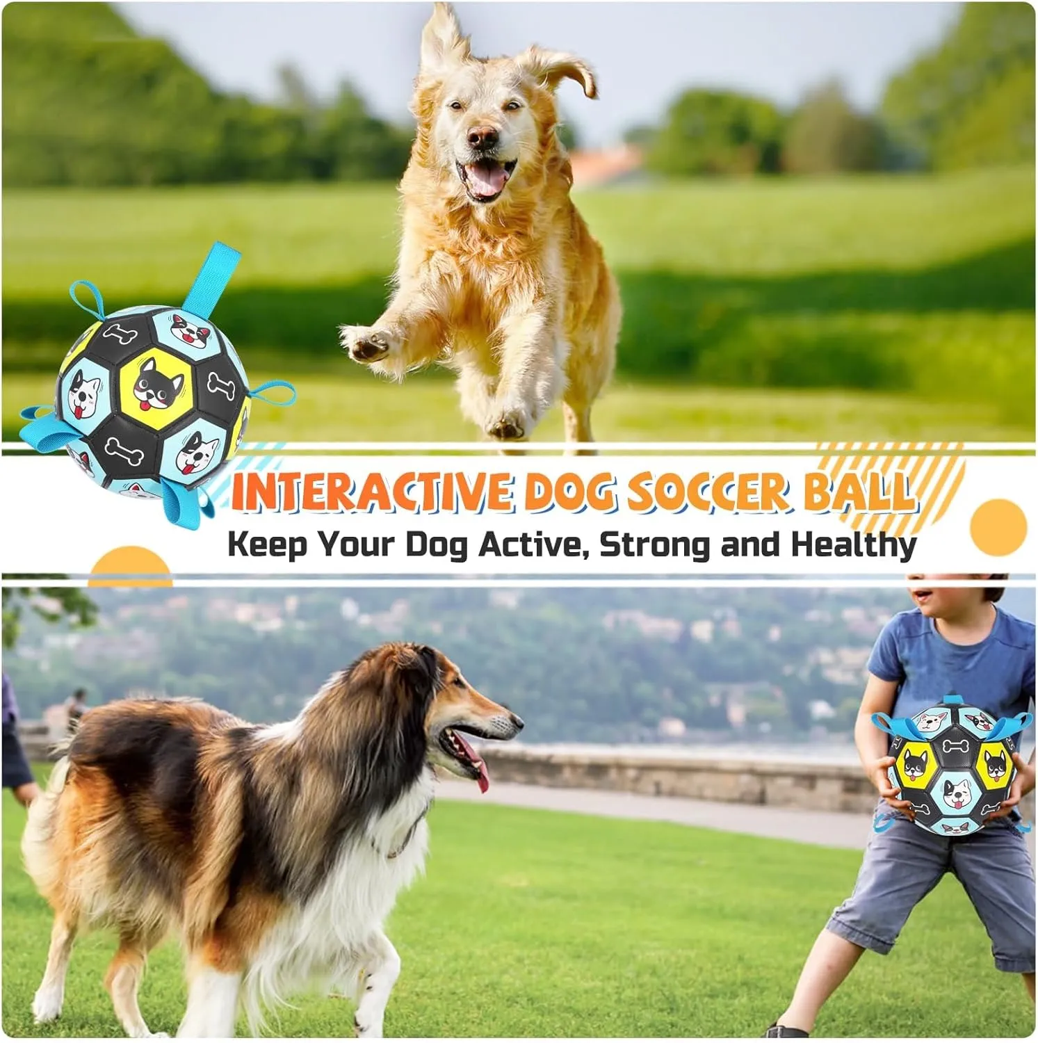 7" Dog Toy Soccer Ball with Straps, Herding Ball for Dogs, Outdoor Interactive Dog Toy, Dog Fetch Toy, Ideal for Medium & Large Dogs, Great Puppy Birthday Gifts