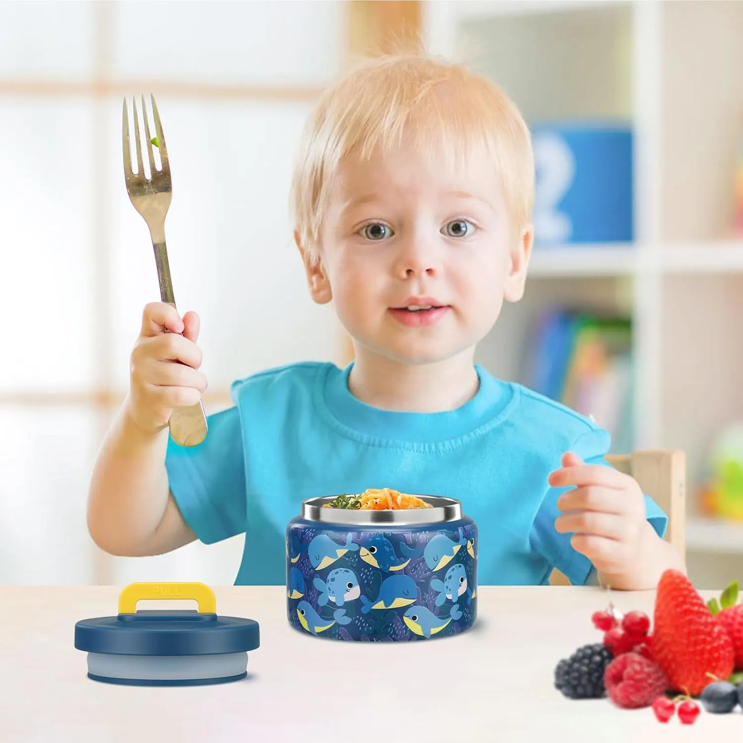 8oz Kids Thermo for Hot Food,Small Lunch Thermos Food Container Stainless Steel,Easy Open Wide Mouth Thermo for Hot Cold Food for Preschool Travel (Blue Whale)