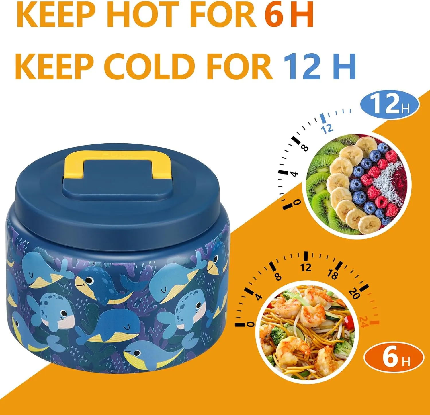 8oz Kids Thermo for Hot Food,Small Lunch Thermos Food Container Stainless Steel,Easy Open Wide Mouth Thermo for Hot Cold Food for Preschool Travel (Blue Whale)
