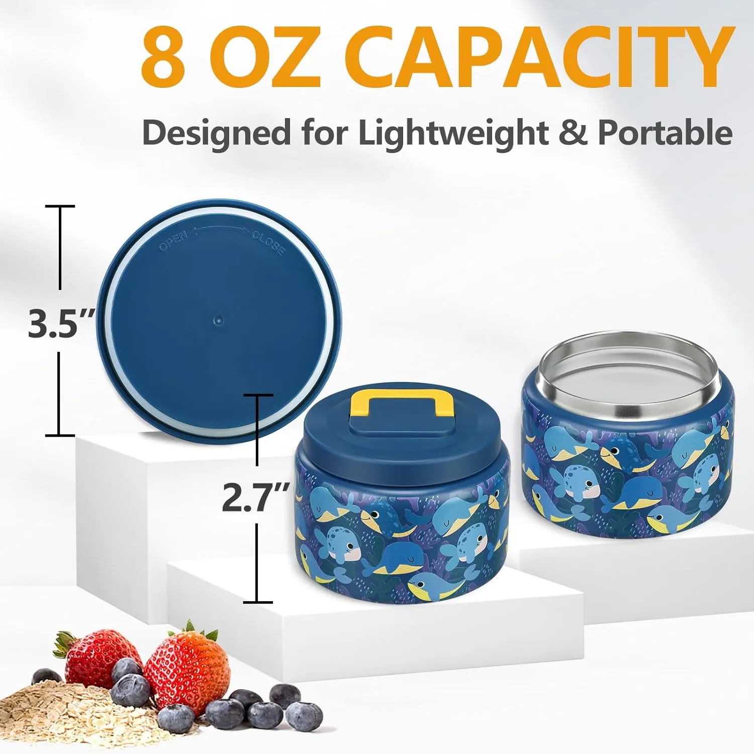 8oz Kids Thermo for Hot Food,Small Lunch Thermos Food Container Stainless Steel,Easy Open Wide Mouth Thermo for Hot Cold Food for Preschool Travel (Blue Whale)