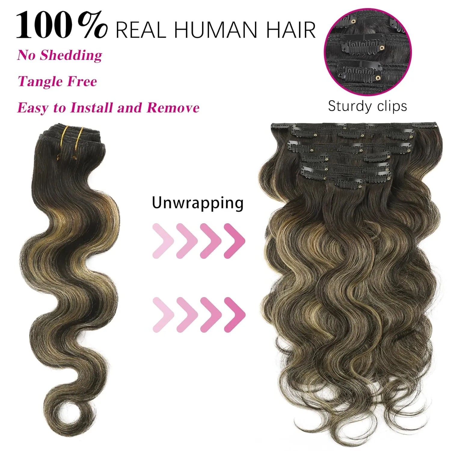 ABH AMAZINGBEAUTY HAIR Body Wave Clip in Human Hair Wavy Clip in Extensions Body Wave Clip ins Rooted Black Piano Natural Black #1B Fading into Caramel Blonde #27 Two Tone 120G 22 Inch