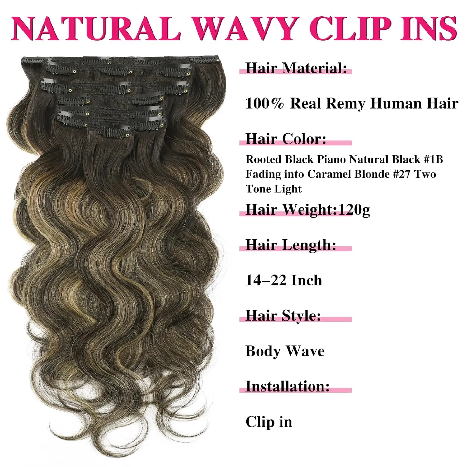 ABH AMAZINGBEAUTY HAIR Body Wave Clip in Human Hair Wavy Clip in Extensions Body Wave Clip ins Rooted Black Piano Natural Black #1B Fading into Caramel Blonde #27 Two Tone 120G 22 Inch