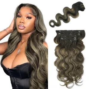 ABH AMAZINGBEAUTY HAIR Body Wave Clip in Human Hair Wavy Clip in Extensions Body Wave Clip ins Rooted Black Piano Natural Black #1B Fading into Caramel Blonde #27 Two Tone 120G 22 Inch