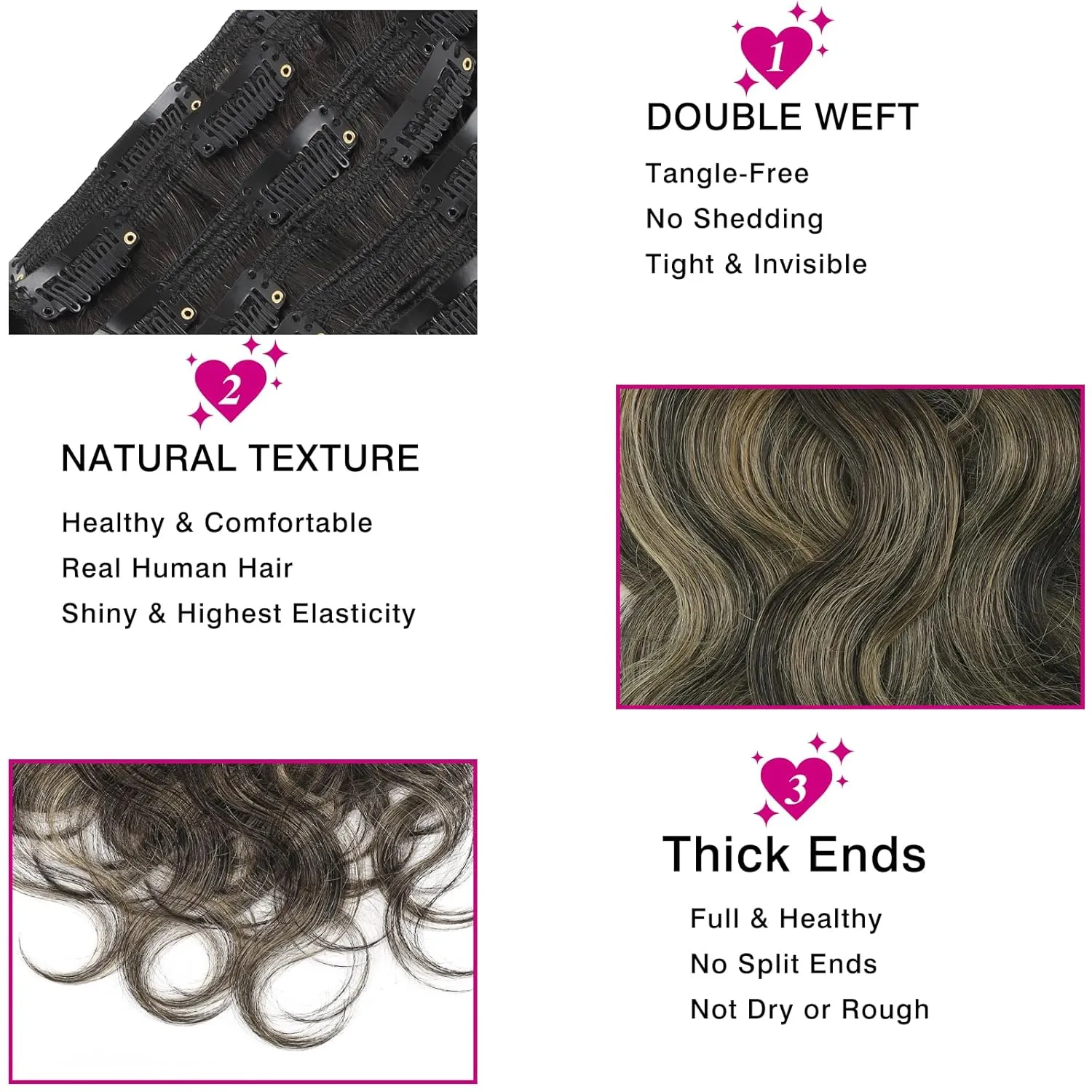ABH AMAZINGBEAUTY HAIR Body Wave Clip in Human Hair Wavy Clip in Extensions Body Wave Clip ins Rooted Black Piano Natural Black #1B Fading into Caramel Blonde #27 Two Tone 120G 22 Inch