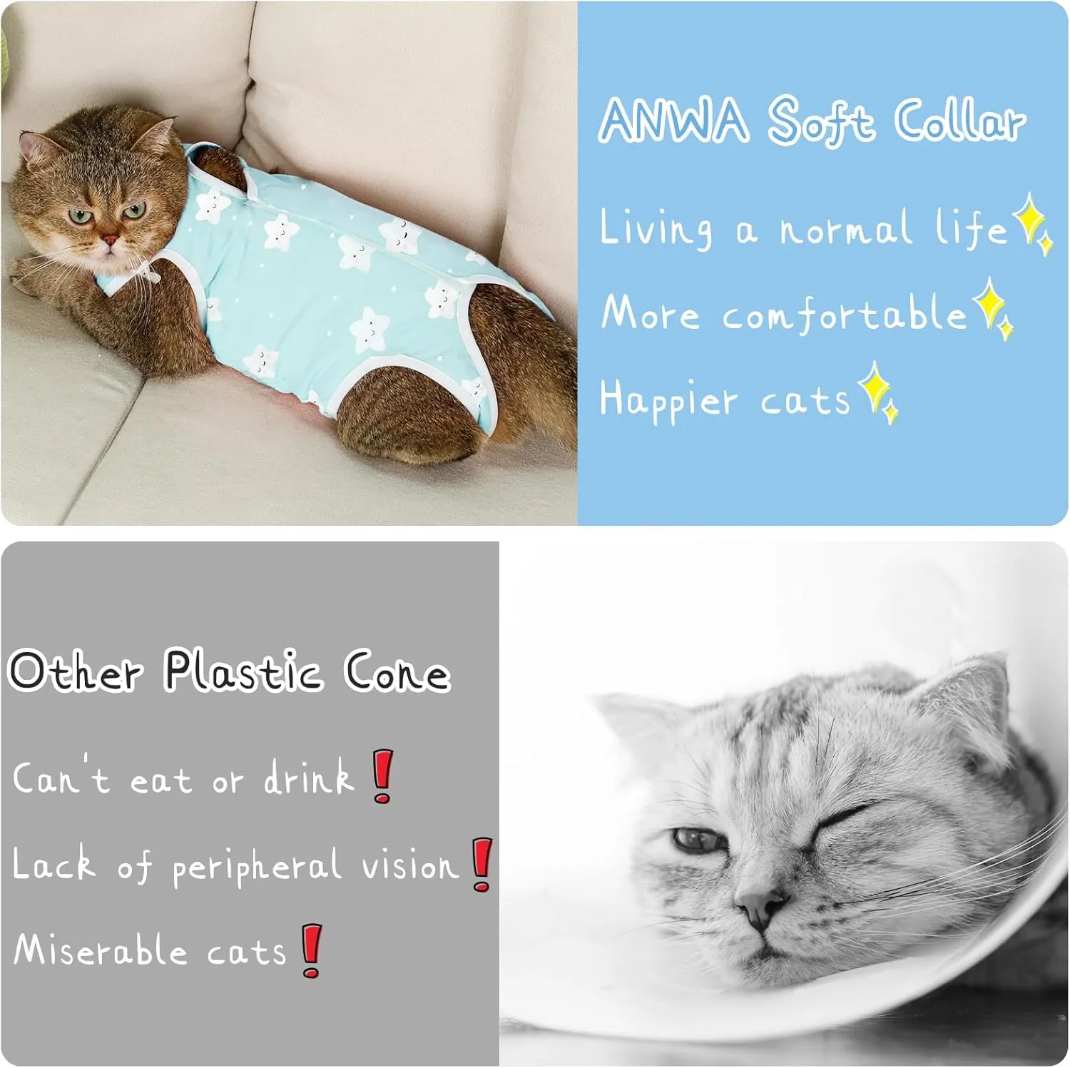 ANWA 2 Pack Cat Recovery Suit - Breathable Cat Onesie for Cats After Surgery Female, Kitten Surgery Recovery Suit Female Abdominal Wounds
