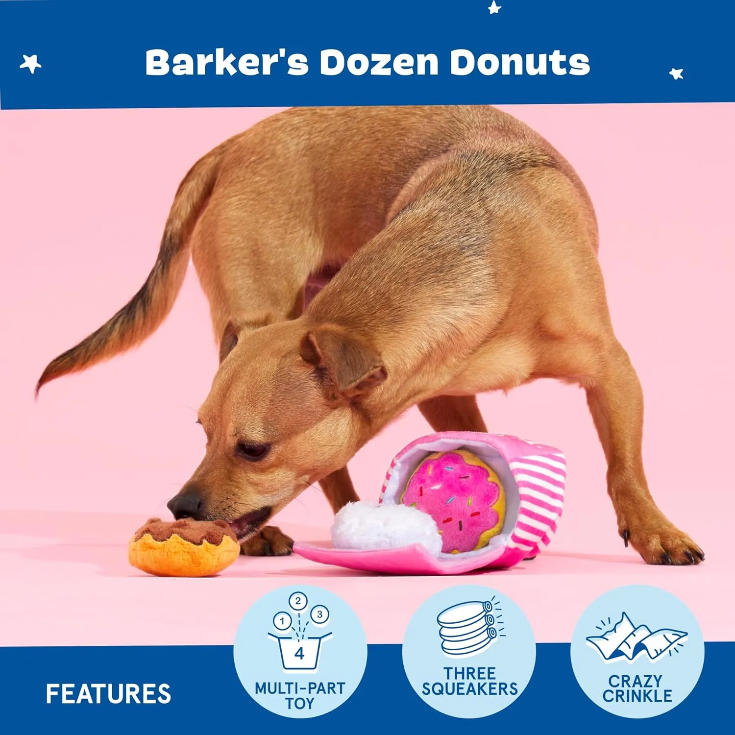 Barkbox Dog Toys  Barkers Dozen Donuts Plush 4 in 1 Multi Part Interactive Dog Toy for Dogs & Puppies  Small