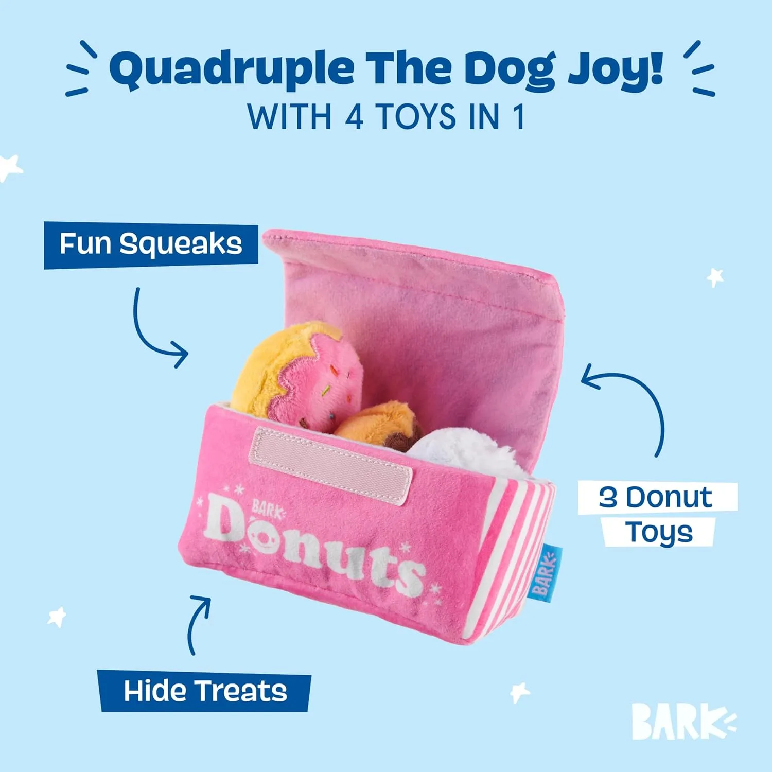 Barkbox Dog Toys  Barkers Dozen Donuts Plush 4 in 1 Multi Part Interactive Dog Toy for Dogs & Puppies  Small