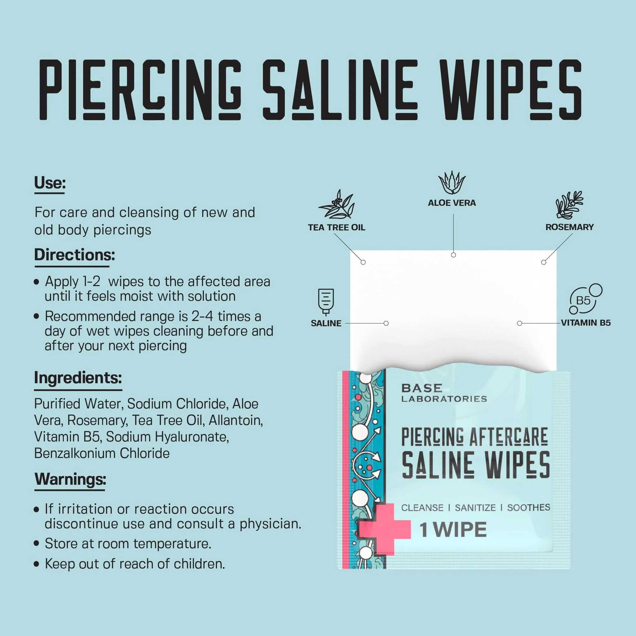 BASE LABORATORIES Piercing Aftercare Wipes | Cleanses & Sanitizes | Piercing Cleaner Wipes for Nose, Ear, Lips | Saline Solution for Piercings | Keloid Bump Removal & Piercing Bump Treatment -75 Wipes Unscented 75 Count (Pack of 1)