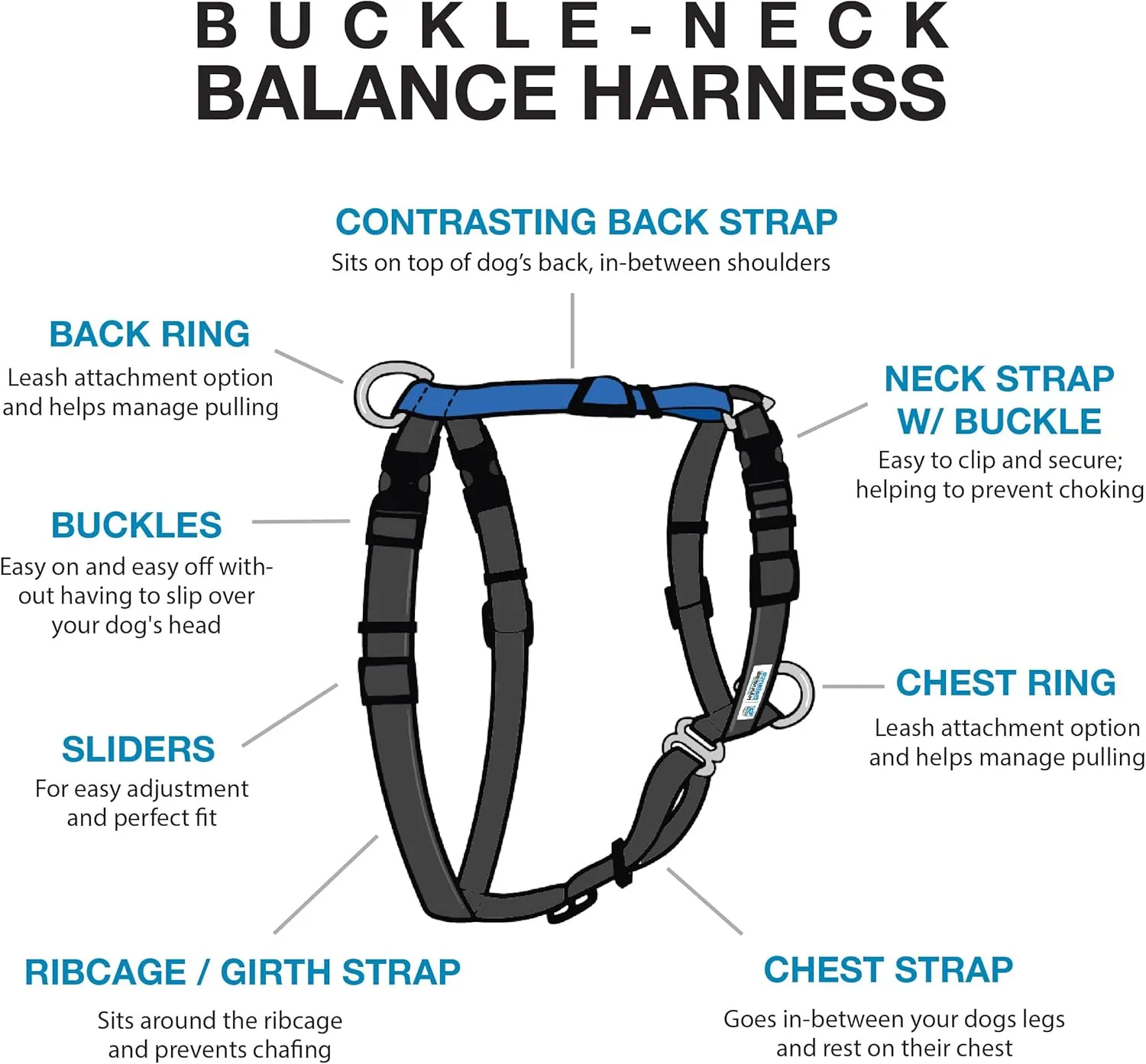 Blue-9 Buckle-Neck Balance Harness, Fully Customizable Fit No-Pull Harness, Ideal for Dog Training and Obedience, Made in The USA, Blue, Small