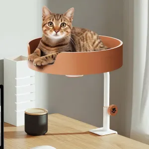 Cat Desk Bed Large Perch Nest with Teaser Easy Install,Space Saving Mount Design,Sturdy Frame,Removable Cushion,Clamp Desktop Attachment Hammock for Home Office,Side Table(White and Coffee)