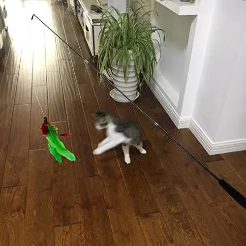 Cat Feather Toy, Retractable Cat Toys Wand 2 Wands & 9 Assorted Teaser Refills, Interactive Feather Teaser Wand Toy Bell Kitten Cat Having Fun Exerciser Playing