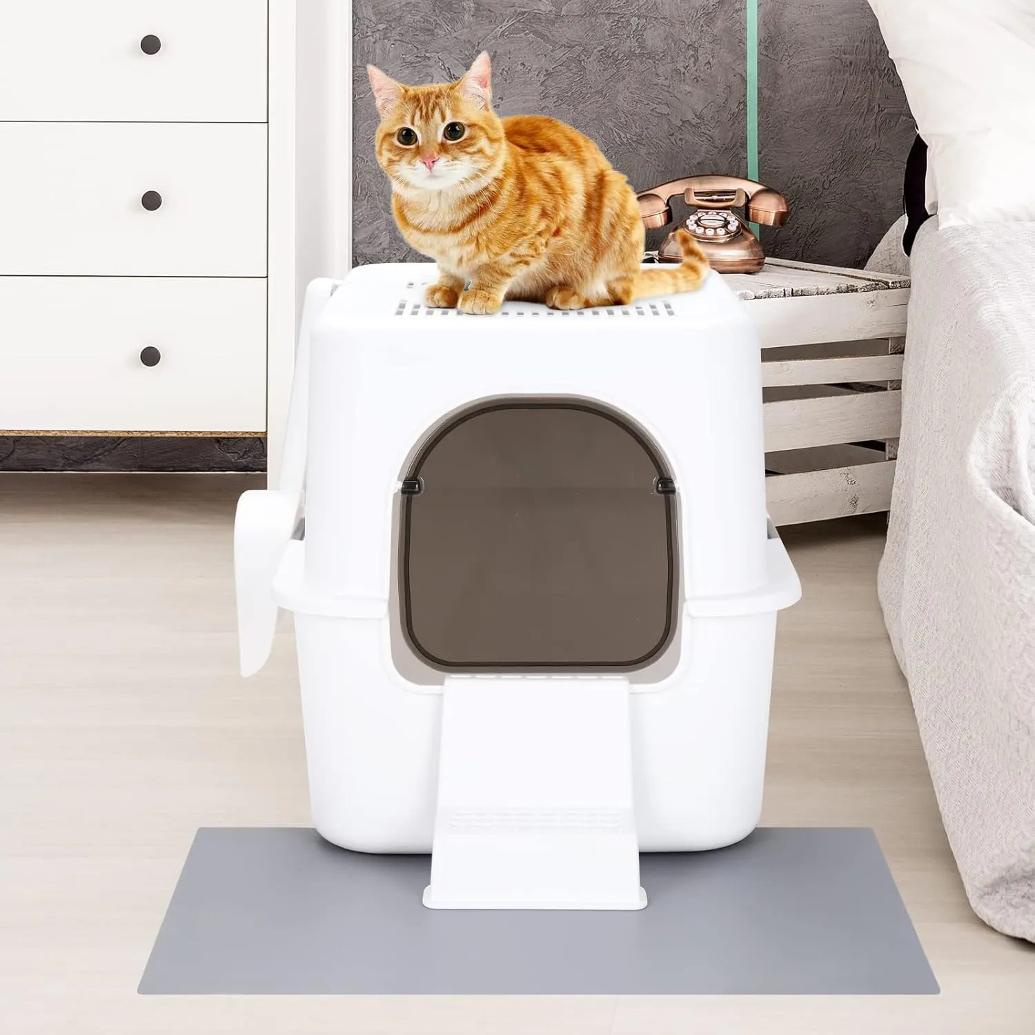 Cat Litter Box with Lid, Fully Enclosed Splash-Proof,Top Entry Cat Litter Box, Easy to Assemble and Installation (White, Small)