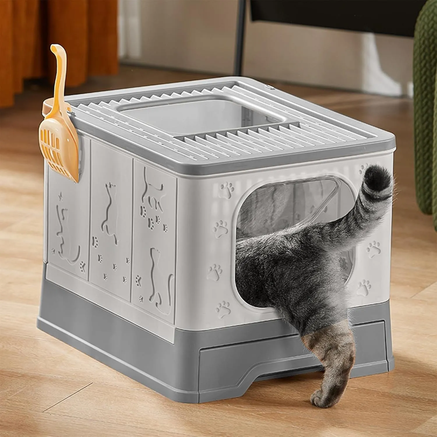 Cat Litter Box,Covered Litter Box with Scoop,Front Entry Top Exit Kitty Litter Box,Large Enclosed Cat Litter Boxes,Odor Control,Easy to Clean(Grey)