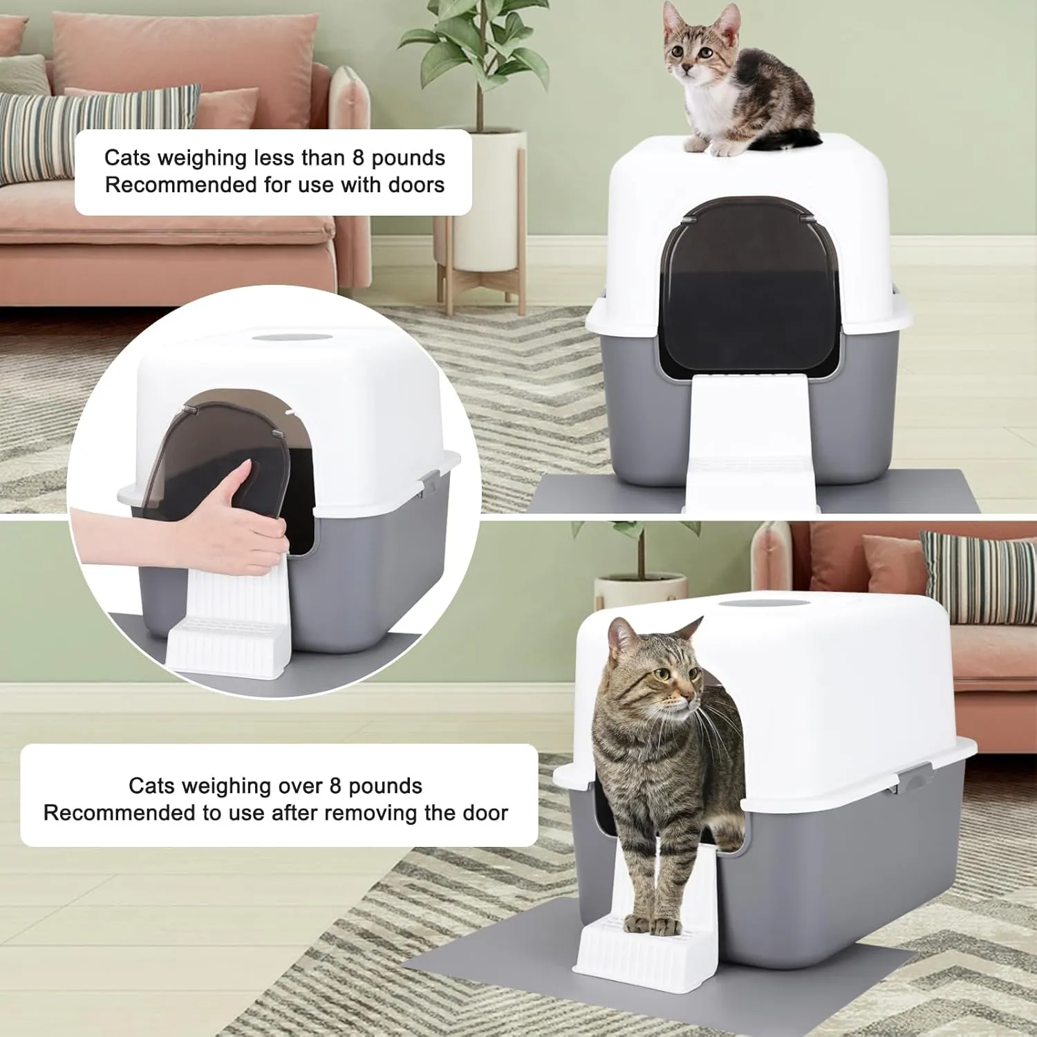 Cat Urine Litter Box with Pedal, Fully Enclosed Leak-Proof for Small Cats Under 8 IB, High Edge and Odorless, Easy to Carry and Clean (Grey with Handle, S)