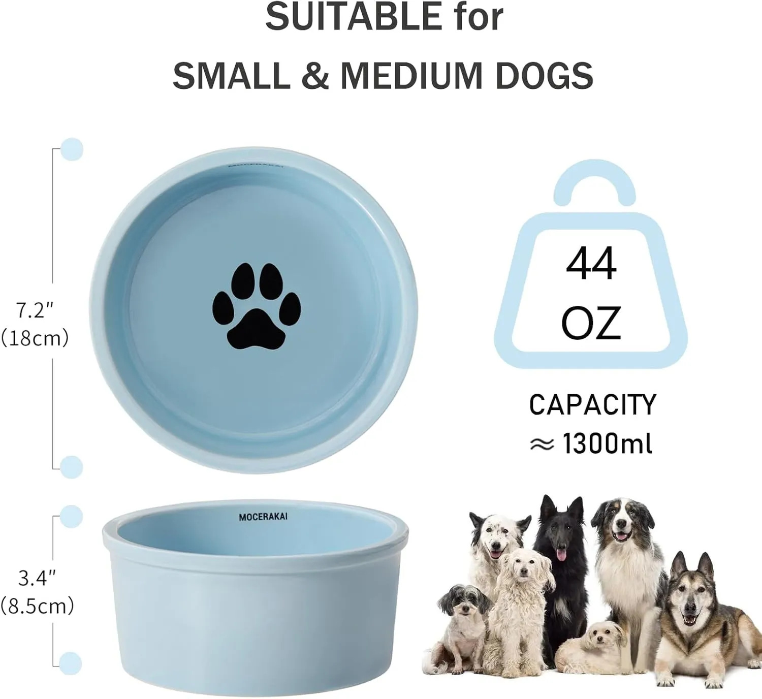 Ceramic 44oz Pet Bowl for Dogs and Cats, Weighted Non-Slip Dog Bowls Food and Water Dish, Durable Pets Feeding Bowls Suitable for Small Medium Dogs, Blue