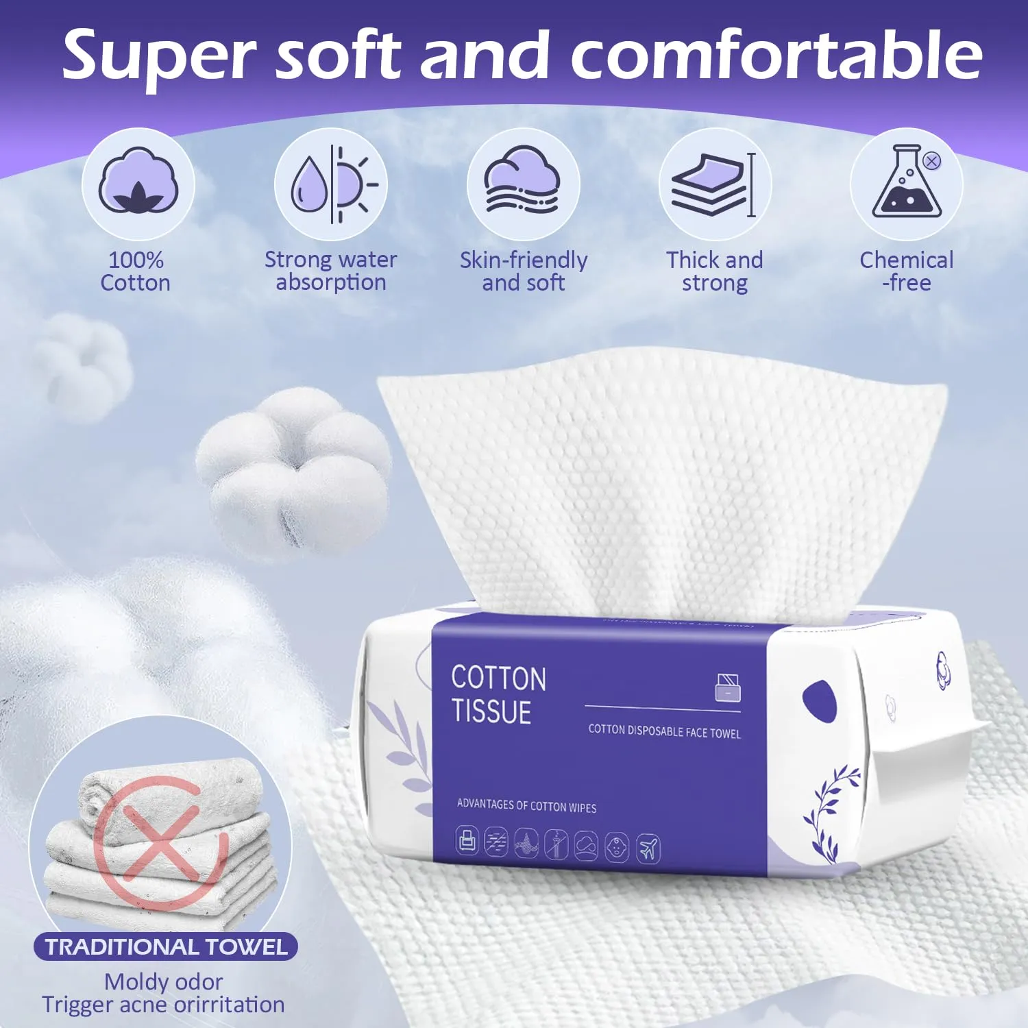 Disposable Face Towel 400 Count, Face Towels, Soft Cotton Dry Wipes Facial Cloths Towelettes for Washing and Drying, Facial Tissue for Cleansing, Skincare and Makeup Remover