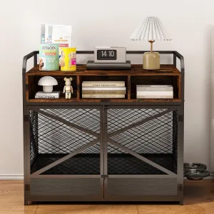 Dog Crate Furniture with 360Swivel Dog Bowls, Heavy-Duty Dog Kennel with Double Doors Design, 2 in 1 Furniture Style Dog House, Side End Table Indoor, Red Brown