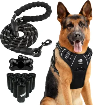 Dog Harness and Leash Set - No Pull Vest & Reflective Leash with Foam Handle, Adjustable Oxford Halter, for Walking & Training - Includes 150 Poop Bags & Bone-Shaped Dispenser - Black, L