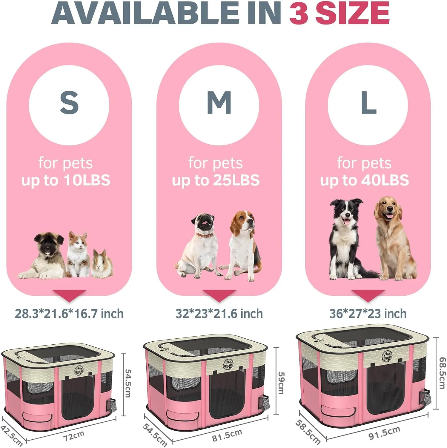 Dog playpen Puppy Play Pens Foldable Pet Crate Cage Kennel for Indoor Collapsible Kitten Enclosure with Carrying Case Food Bowl Travel Outdoor Hamster Rabbit Guinea Pig Small Animals (Pink, L, 1)
