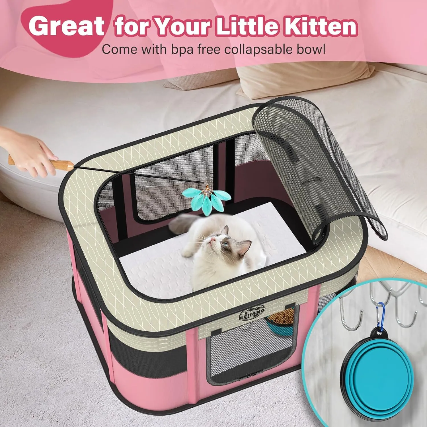 Dog playpen Puppy Play Pens Foldable Pet Crate Cage Kennel for Indoor Collapsible Kitten Enclosure with Carrying Case Food Bowl Travel Outdoor Hamster Rabbit Guinea Pig Small Animals (Pink, L, 1)