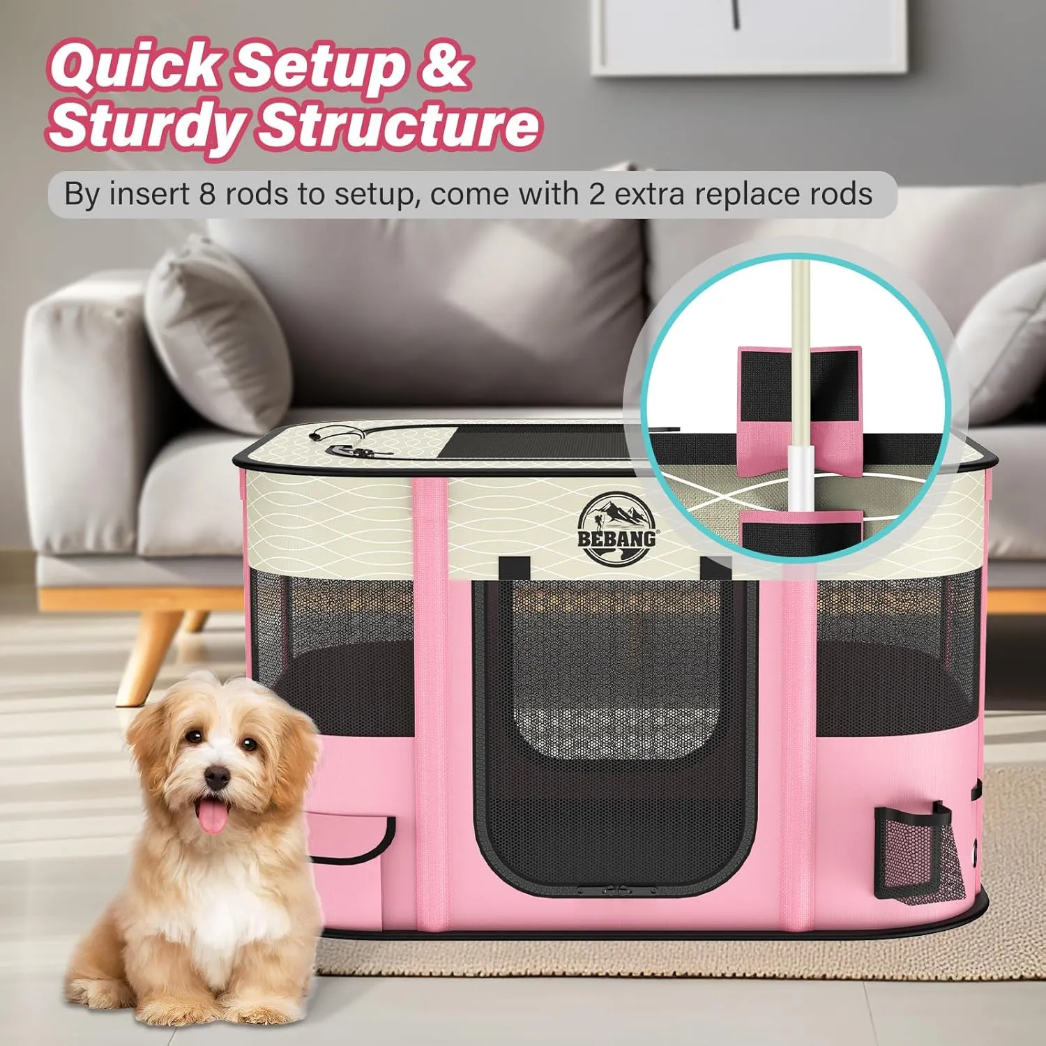 Dog playpen Puppy Play Pens Foldable Pet Crate Cage Kennel for Indoor Collapsible Kitten Enclosure with Carrying Case Food Bowl Travel Outdoor Hamster Rabbit Guinea Pig Small Animals (Pink, L, 1)