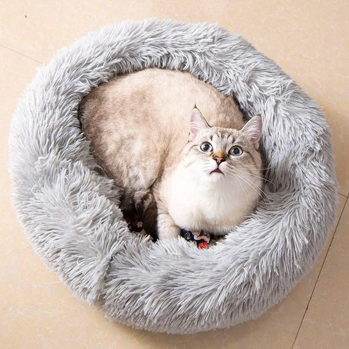 Donut Cat Bed, Faux Plush Dog Beds for Medium Small Dogs - Self Warming Indoor Round Pillow Cuddle Washable Dog Bed Cat Bed diameter20in