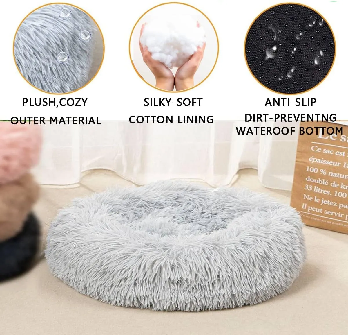 Donut Cat Bed, Faux Plush Dog Beds for Medium Small Dogs - Self Warming Indoor Round Pillow Cuddle Washable Dog Bed Cat Bed diameter20in