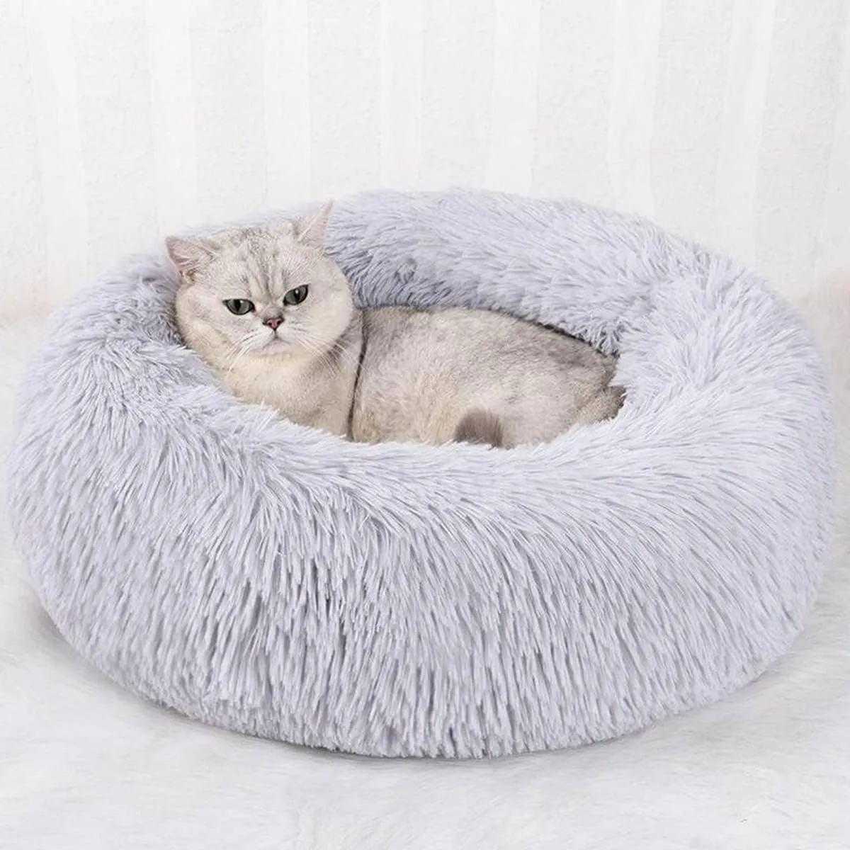 Donut Cat Bed, Faux Plush Dog Beds for Medium Small Dogs - Self Warming Indoor Round Pillow Cuddle Washable Dog Bed Cat Bed diameter20in