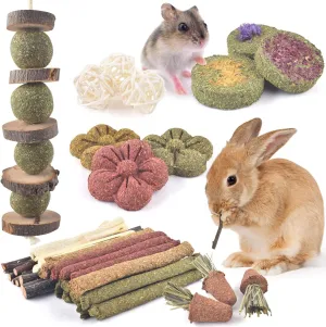 ERKOON Rabbit Toy, 42 Pieces Timothy Hay Sticks Carrots Rose Grass Cake Dental Care Molar, Chinchillas Toy Chew Toy for Rabbits, Guinea Pigs, Hamsters, Chinchilla (Multi-Colour)