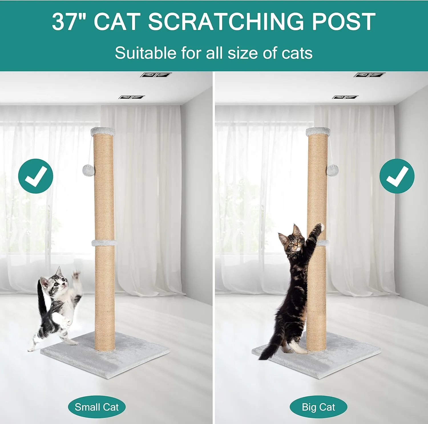 FluffyDream 37'' Cat Scratching Post, Natural Sisal Rope Scratcher with Dangling Teaser Ball and Covered with Soft Plush for Kittens and Adult Cats, Sand Color (Cat Tree 37")