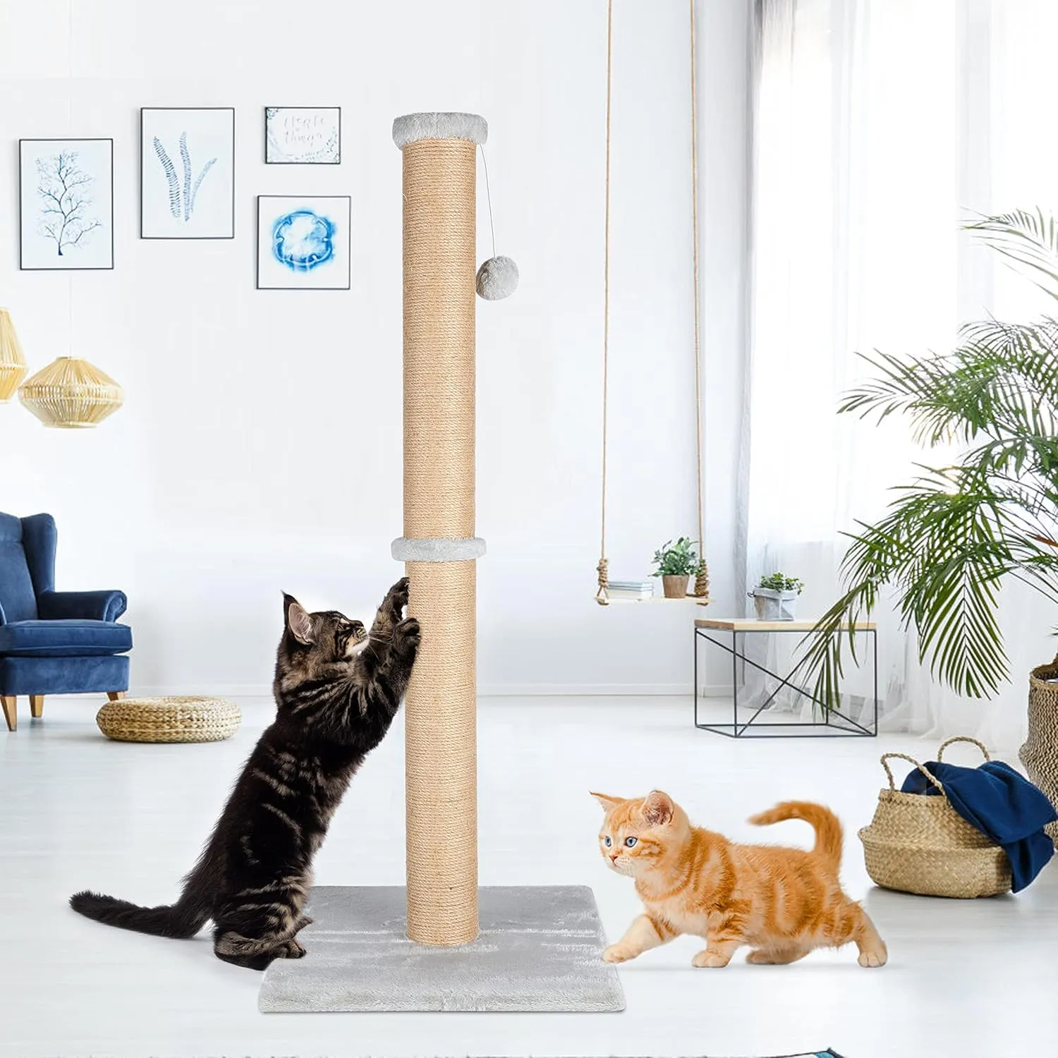 FluffyDream 37'' Cat Scratching Post, Natural Sisal Rope Scratcher with Dangling Teaser Ball and Covered with Soft Plush for Kittens and Adult Cats, Sand Color (Cat Tree 37")