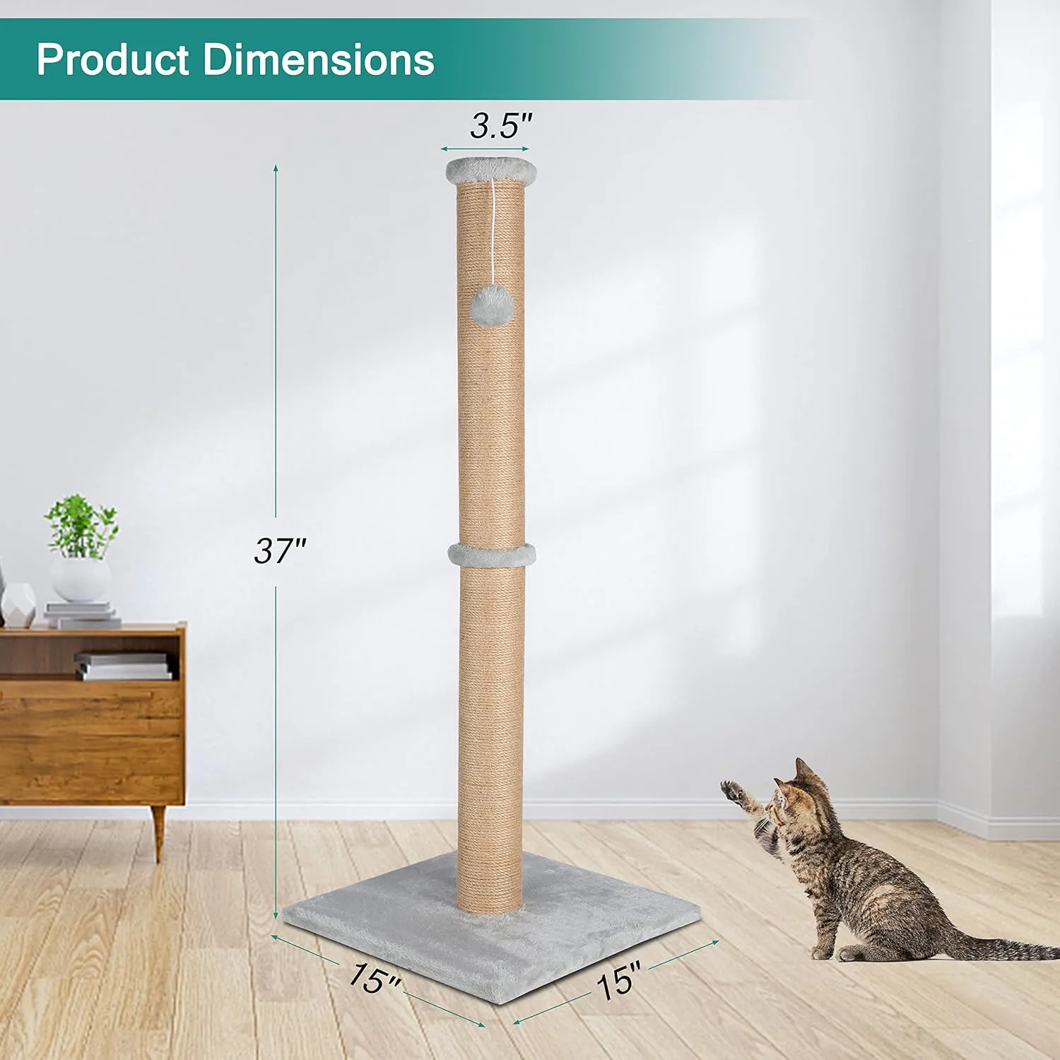 FluffyDream 37'' Cat Scratching Post, Natural Sisal Rope Scratcher with Dangling Teaser Ball and Covered with Soft Plush for Kittens and Adult Cats, Sand Color (Cat Tree 37")