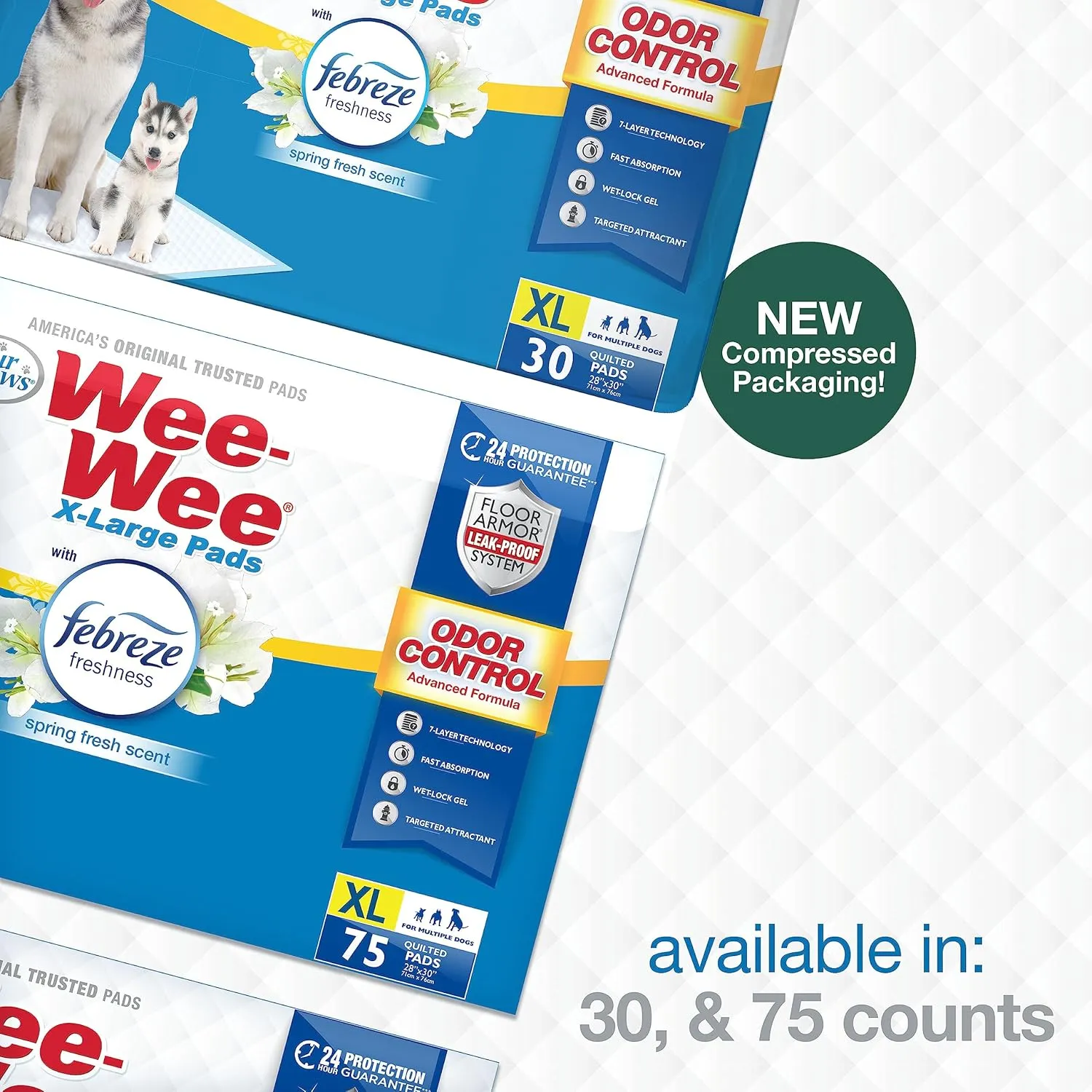 Four Paws Wee-Wee Odor Control with Febreze Freshness Pee Pads for Dogs & Puppies, Leak-Proof Dog Housebreaking Potty Training Floor Protection, Spring Fresh Scent, 28" x 30", 75 Count