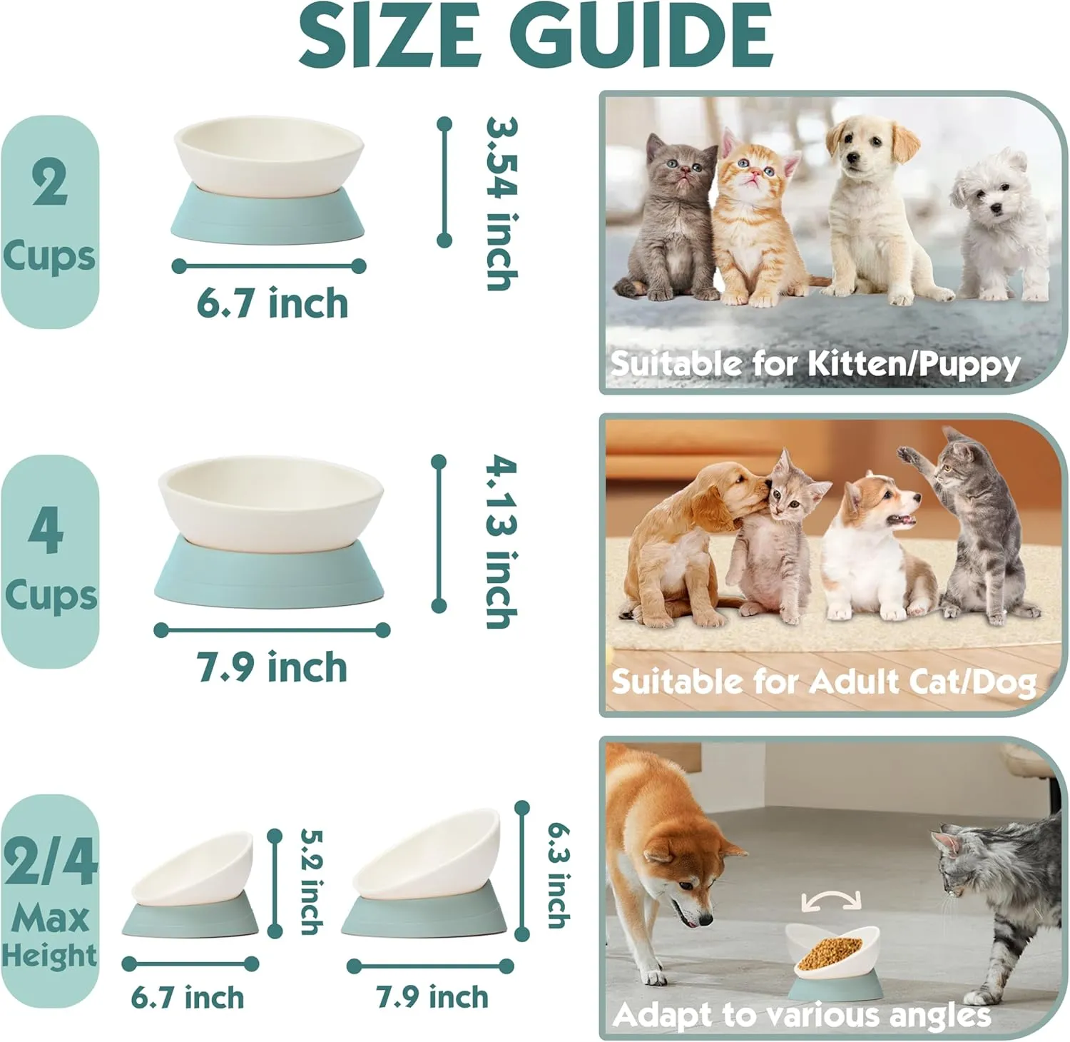 French Bulldog Food Bowl- Slanted Tilted Pug Food Water Bowl,Cat Bowl- Feeder for Frenchie/Shih Tzu/Flat Faced Small Dogs/Puppies/Cats (Green, 2 Cup)