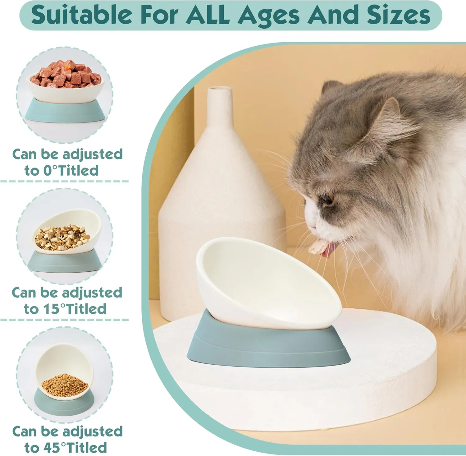 French Bulldog Food Bowl- Slanted Tilted Pug Food Water Bowl,Cat Bowl- Feeder for Frenchie/Shih Tzu/Flat Faced Small Dogs/Puppies/Cats (Green, 2 Cup)