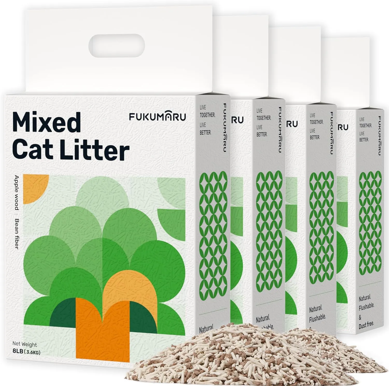 FUKUMARU Tofu Cat Litter, Dust Free Clumping Cat Litter Pellets, 100% Natural Ingredients, Lightweight, Flushable, Ultra Absorbent, Low Tracking, Odor Control, Apple Wood Pellets (8lb x 4 Bags)