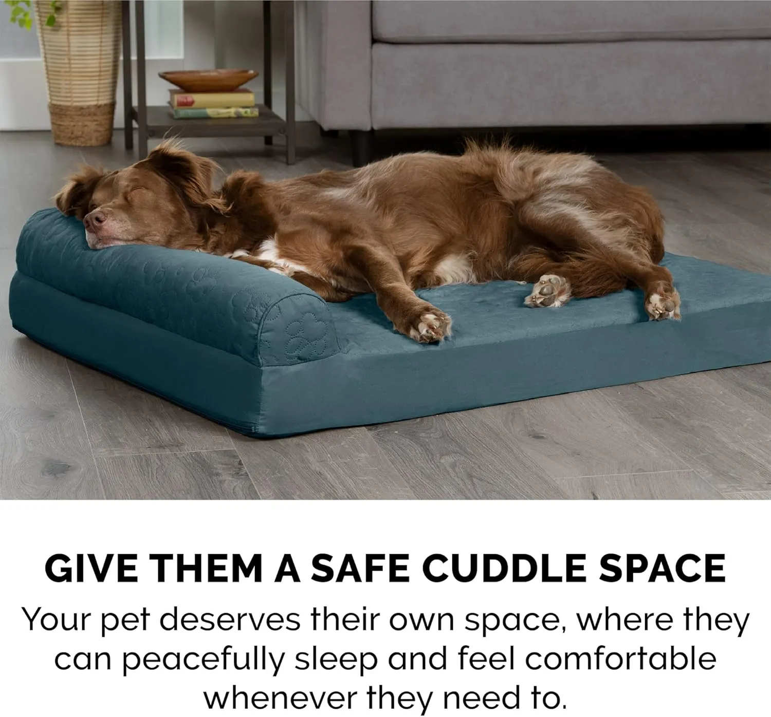 Furhaven Memory Foam Dog Bed for Large Dogs w/ Removable Bolsters & Washable Cover, For Dogs Up to 95 lbs - Pinsonic Quilted Paw L Shaped Chaise - Bluestone, Jumbo/XL