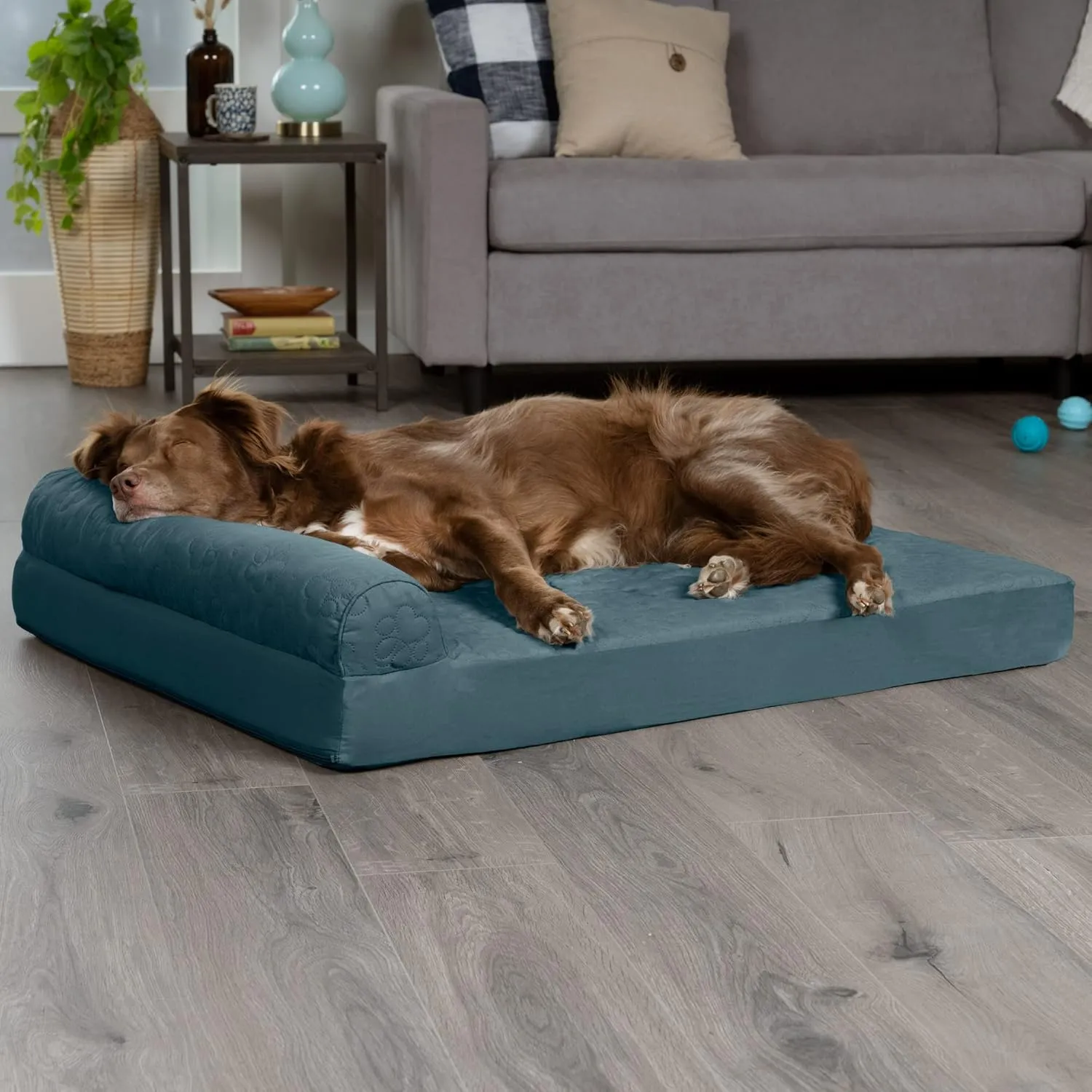 Furhaven Memory Foam Dog Bed for Large Dogs w/ Removable Bolsters & Washable Cover, For Dogs Up to 95 lbs - Pinsonic Quilted Paw L Shaped Chaise - Bluestone, Jumbo/XL